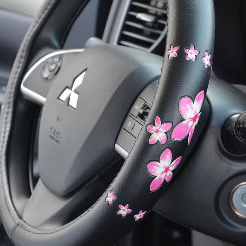 BDK Pink Floral Design Car Steering Wheel Cover, Standard Size 14.5 to 15.5"