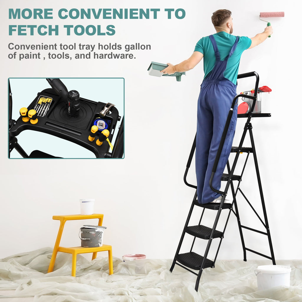 HBTower 5-Step Folding Step Stool Ladder with Handrails and Tool Platform, Load-bearing 330lbs, Wide Anti-Slip Pedal and Steel Ladder Handgrip, Black