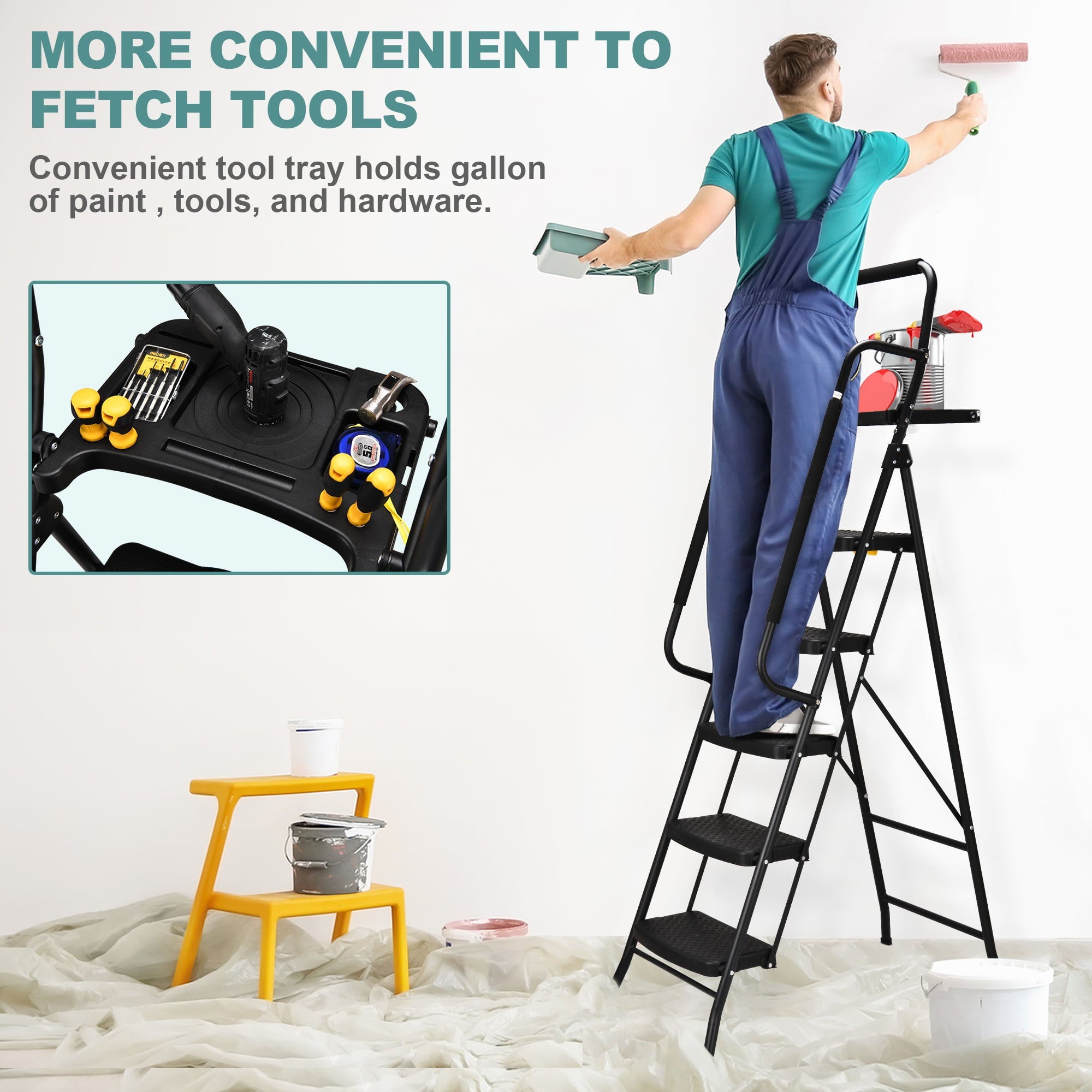 HBTower 5-Step Folding Step Stool Ladder with Handrails and Tool Platform, Load-bearing 330lbs, Wide Anti-Slip Pedal and Steel Ladder Handgrip, Black