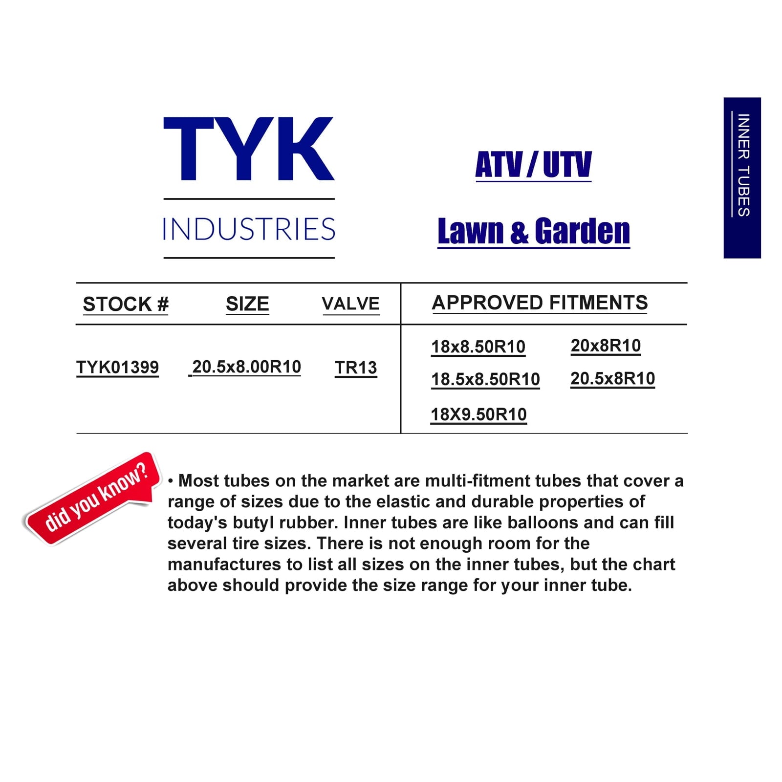 Two TYK 18X8.50-10 Tire Inner Tubes for Mowers and Trailers with TR13 Valve Stems