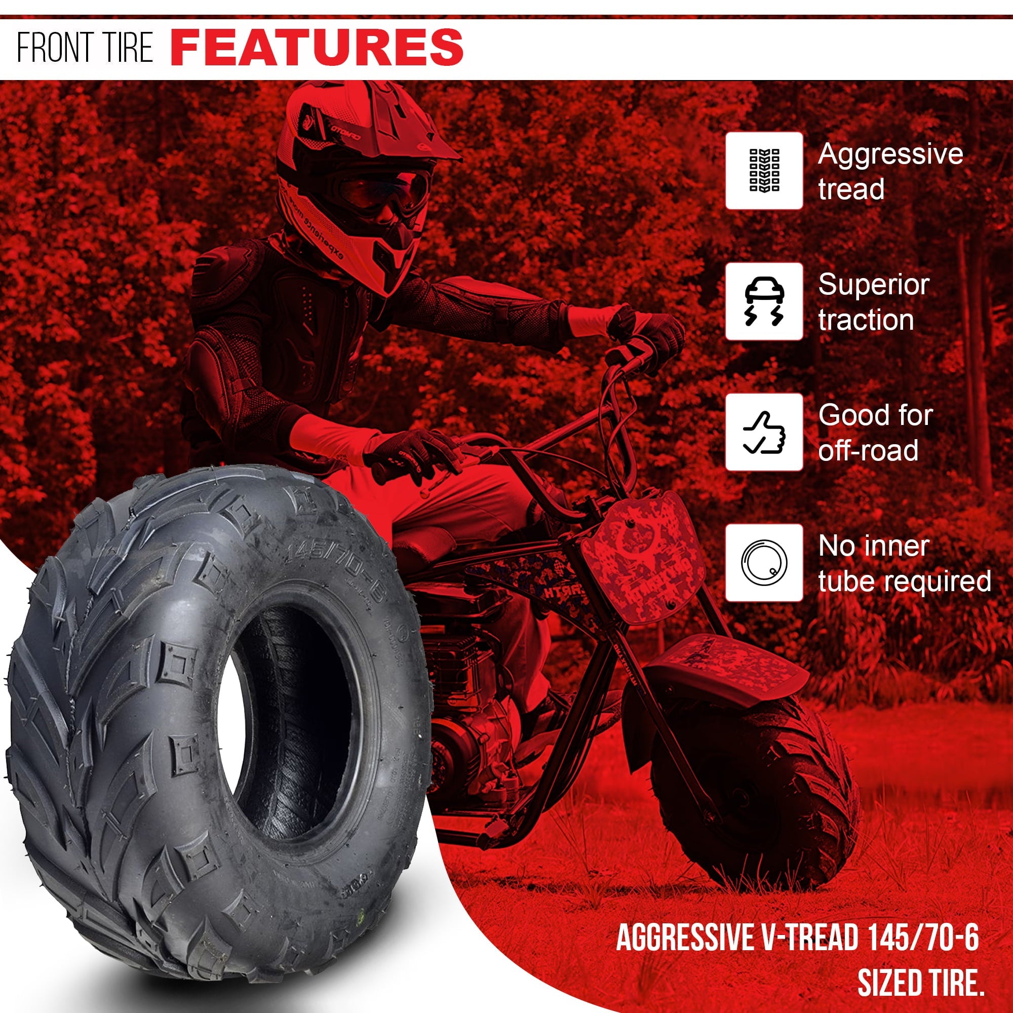 AlveyTech 145/70-6 V-Tread Tire for the Monster Moto/Mega Moto Classic 80cc Mini Bike, All Terrain
