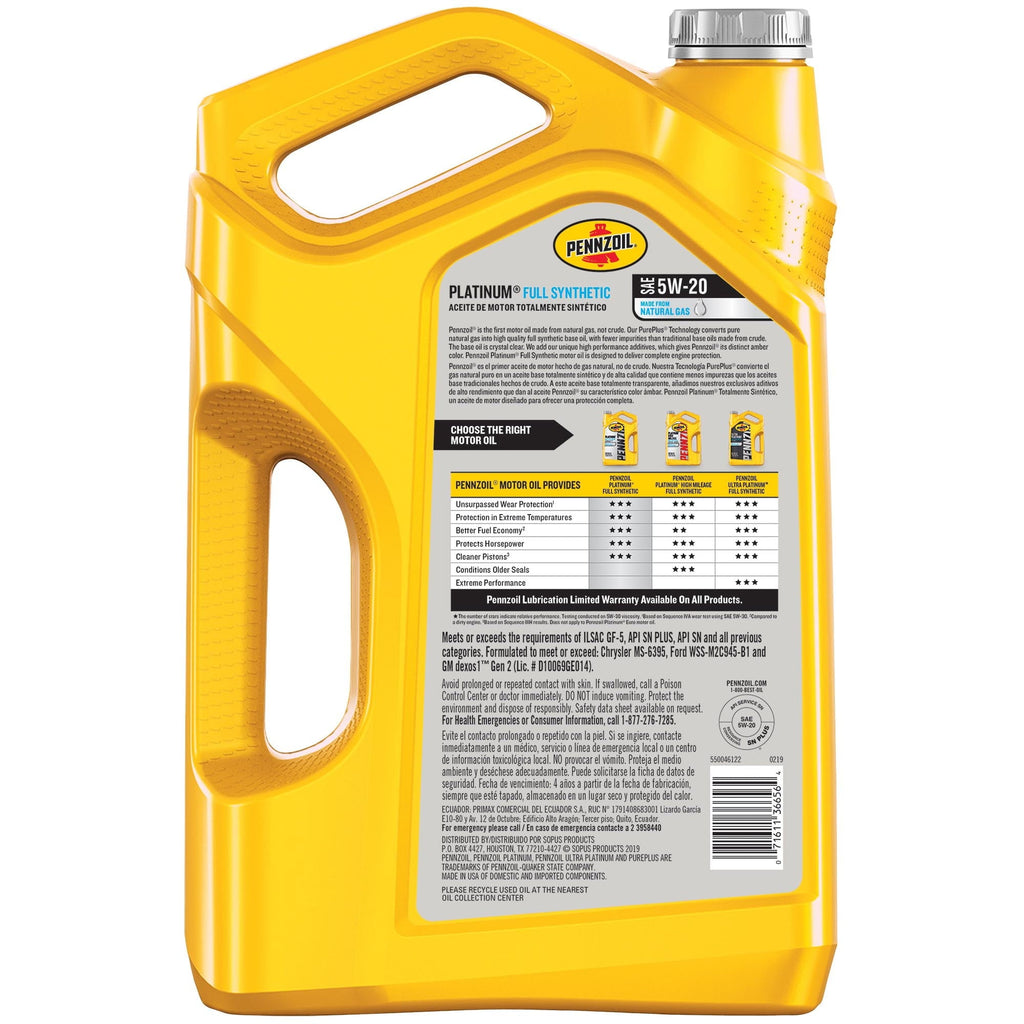 Pennzoil Platinum Full Synthetic 5W-20 Motor Oil, 5-Quart