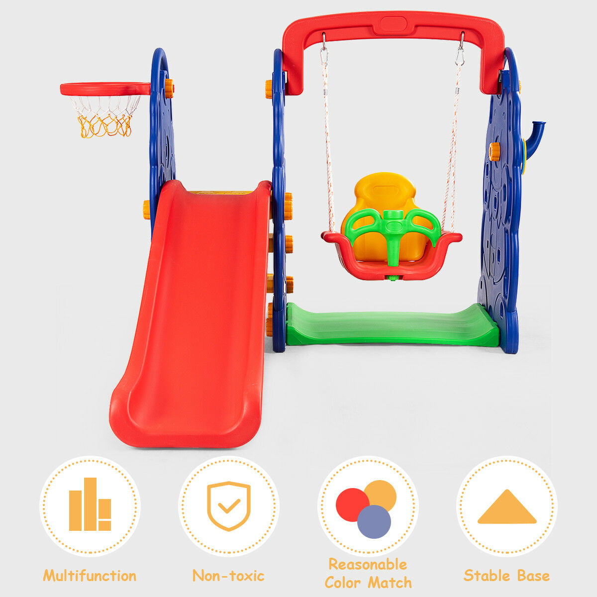 Costway 3 in 1 Junior Children Climber Slide Swing Seat Basketball Hoop Playset Backyard