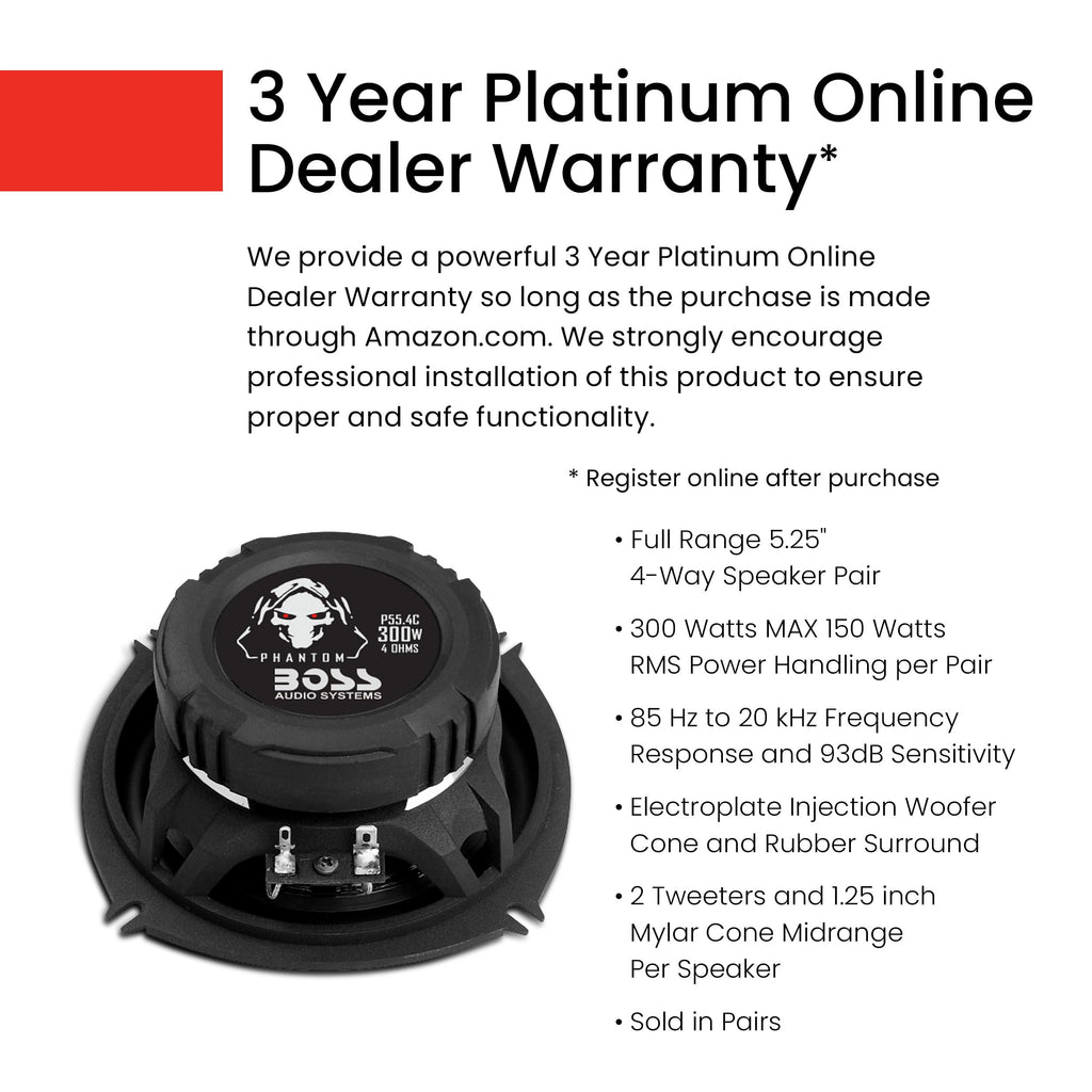 BOSS Audio Systems P55.4C Phantom Series 5.25 Inch Car Stereo Door Speakers - 300 Watts Max, 4 Way, Full Range Audio, Tweeters, Coaxial, Sold in Pairs