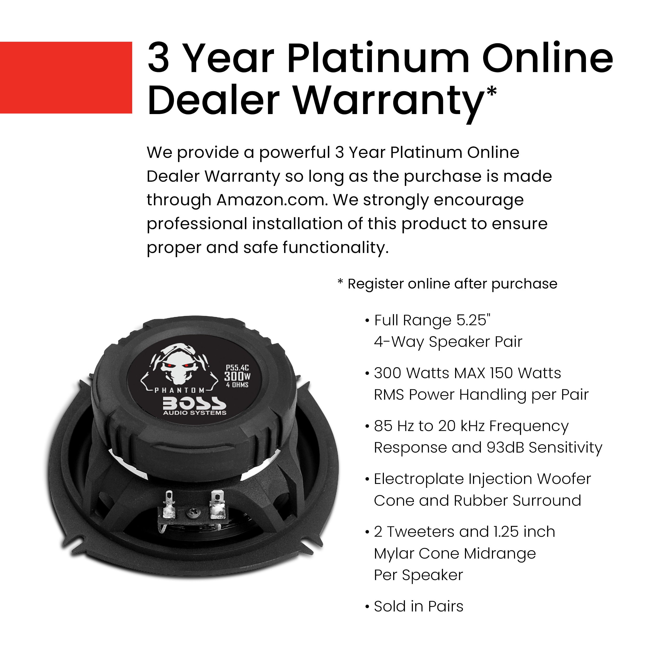 BOSS Audio Systems P55.4C Phantom Series 5.25 Inch Car Stereo Door Speakers - 300 Watts Max, 4 Way, Full Range Audio, Tweeters, Coaxial, Sold in Pairs