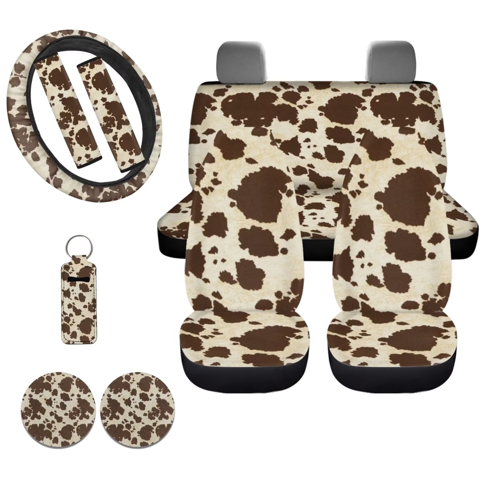 FEKLYI Cow Print Car Seat Covers Auto Accessories with Car Cup Holder+Lipstick Keychain Holder+Steering Wheel Covers+Seat Belt Pads,Universal Car Vehicle Seat Cover,Pack of 10