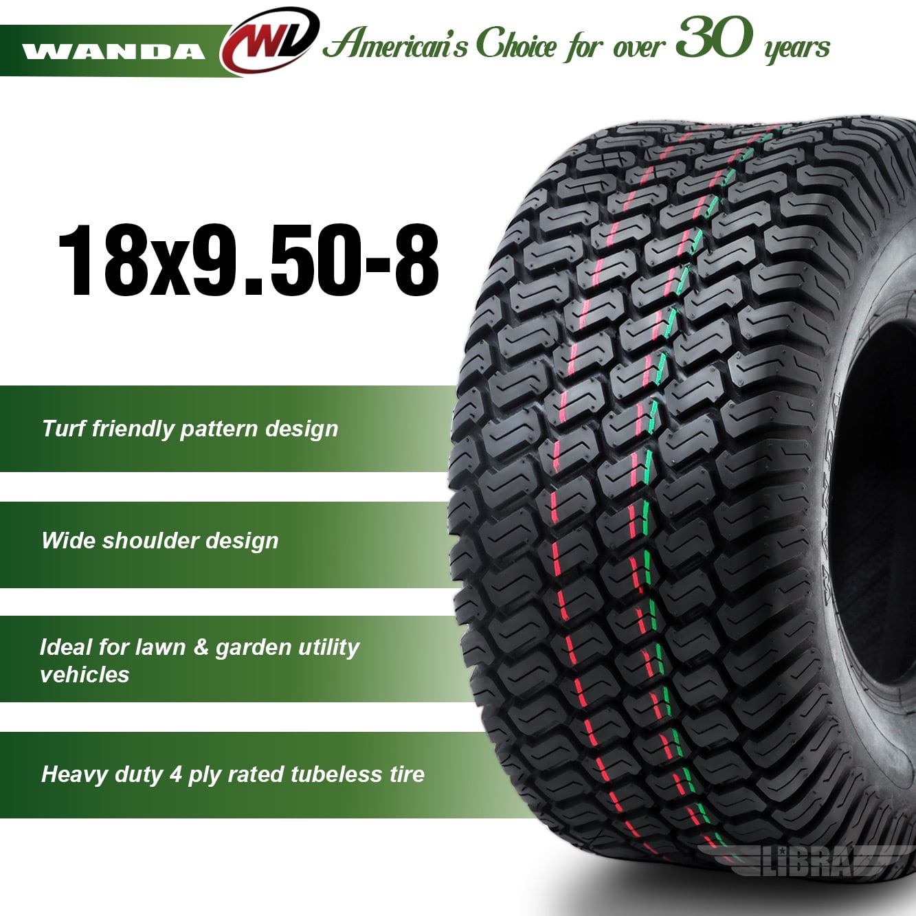 2 New WANDA 18x9.50-8 Lawn Mower Utility/ Golf Cart Turf Tires P332 -13032