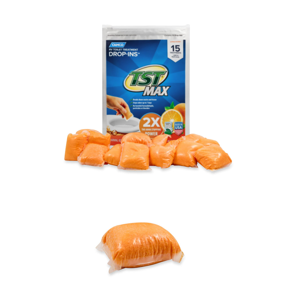 Camco TST MAX Camper/RV Toilet Treatment Drop-INs | Control Unwanted Odors and Break Down Waste and Tissue | Safe Septic Tank Treatment | Orange Scent | 15-Pack (41189)