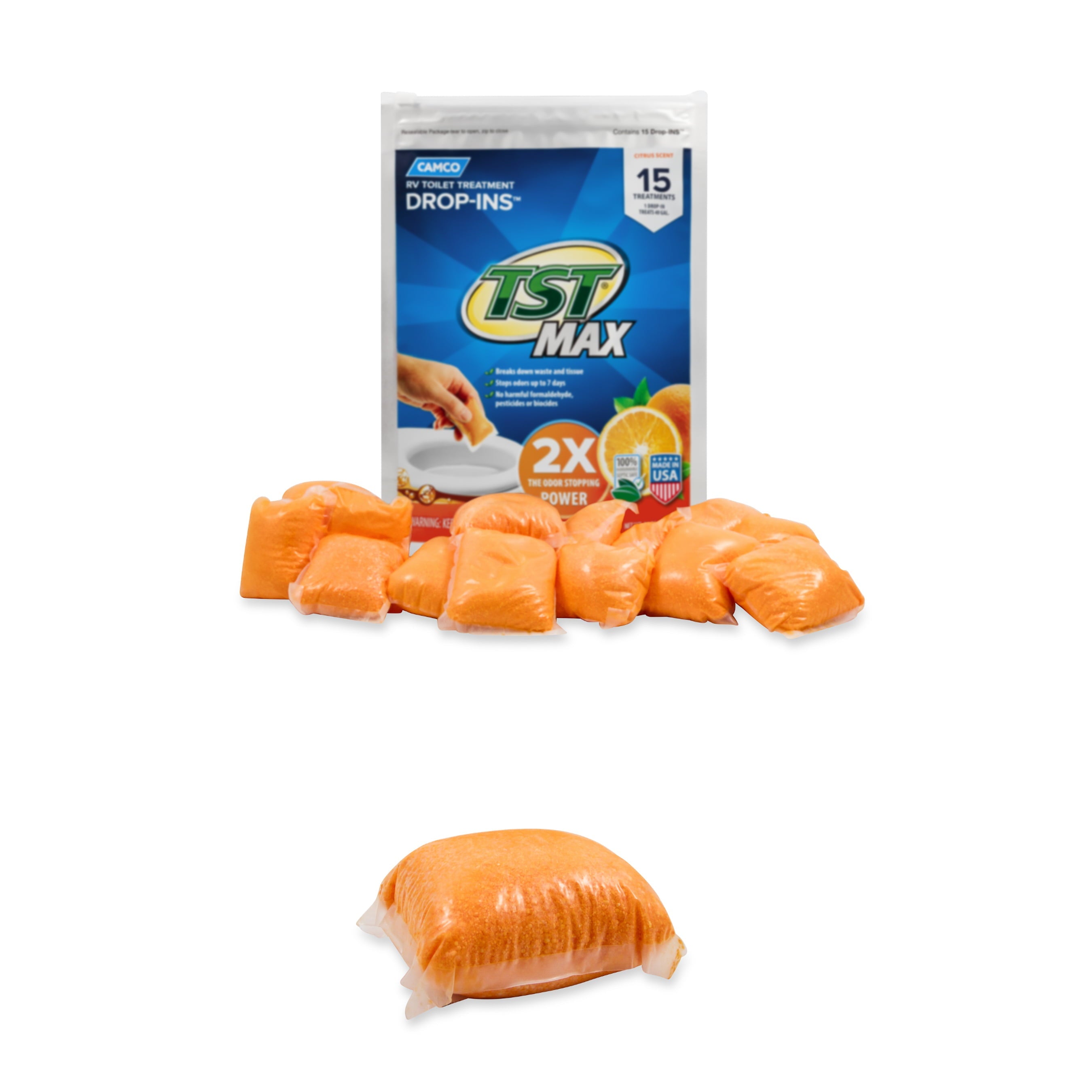 Camco TST MAX Camper/RV Toilet Treatment Drop-INs | Control Unwanted Odors and Break Down Waste and Tissue | Safe Septic Tank Treatment | Orange Scent | 15-Pack (41189)