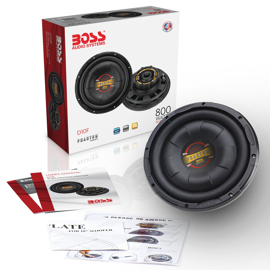 BOSS Audio Systems D10F Phantom Series 10 Inch Car Audio Subwoofer - 800 Watts Max, Single 4 Ohm Voice Coil, Sold Individually, For Truck, Boxes and Enclosures, Use With Amplifier