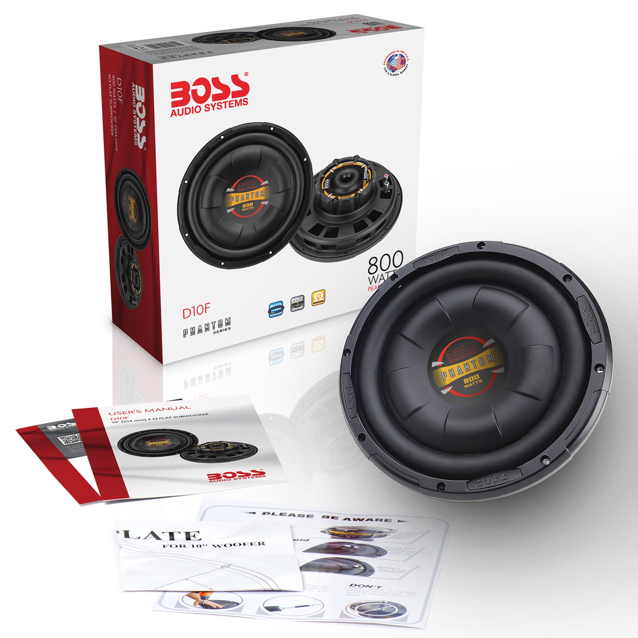 BOSS Audio Systems D10F Phantom Series 10 Inch Car Audio Subwoofer - 800 Watts Max, Single 4 Ohm Voice Coil, Sold Individually, For Truck, Boxes and Enclosures, Use With Amplifier