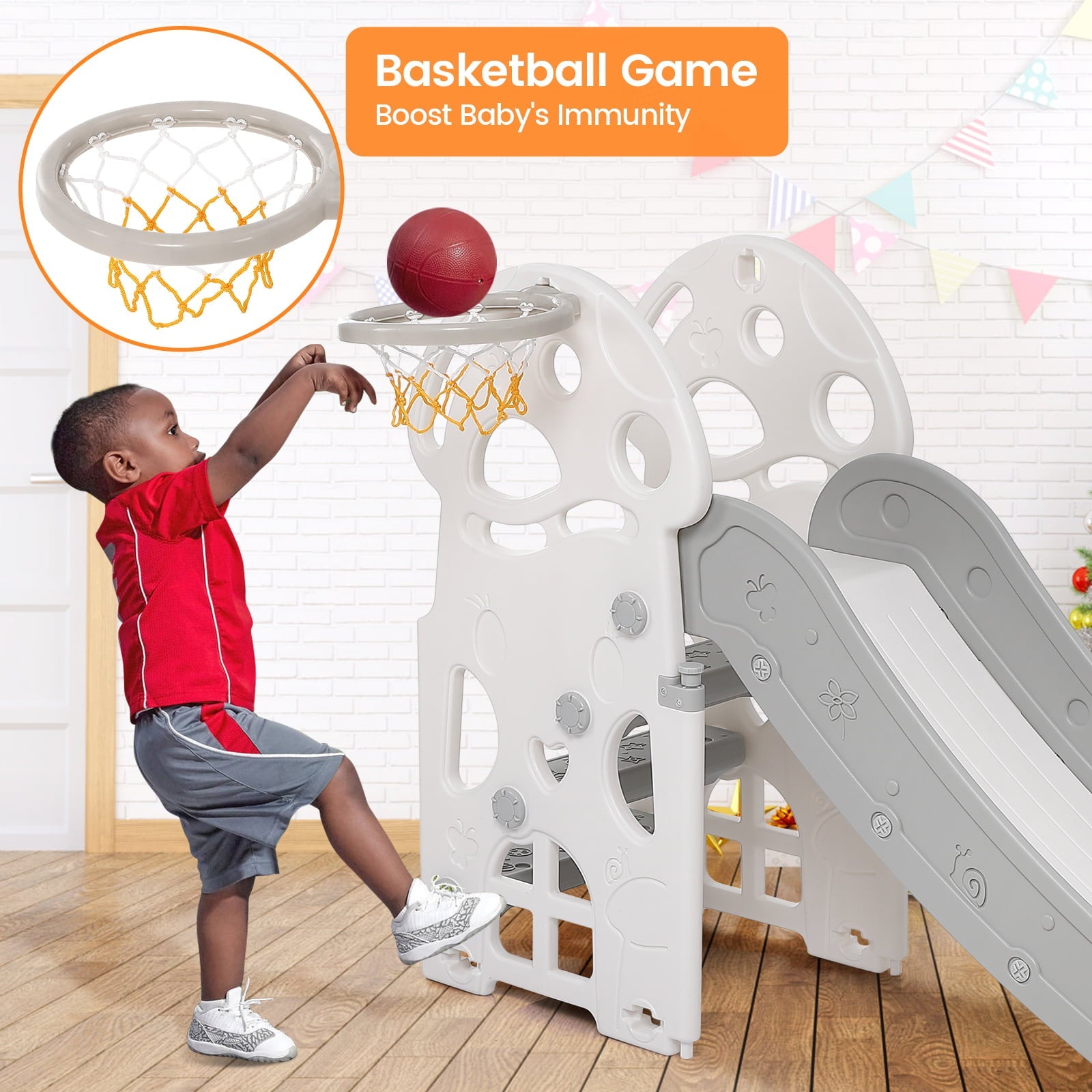 Kids Slide Toddler Slide, 2 in 1 Play Climber Slide, Playground Climber Slide Playset with Basketball Hoop for Toddlers 2 - 5, Ideal Gift for Boys and Girls Indoor Outdoor Toy