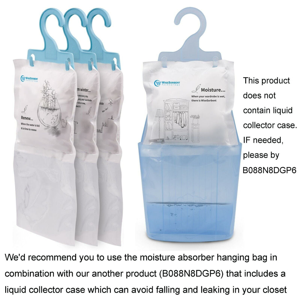 Wisesorb Moisture Absorber Refill Hanging Bags, 12 Pack (7 oz. ea.) of Tyvek Paper Moisture Absorber Packets with 6pcs Hooks, Humidity Packs, Hanging Closet Dehumidifier Bags