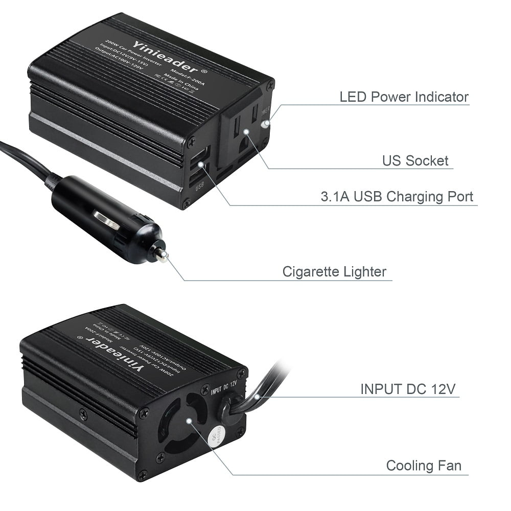 Yinleader 200 Watts Power Inverter Converter Adapter DC 12V to AC 110V Car Charger 2USB