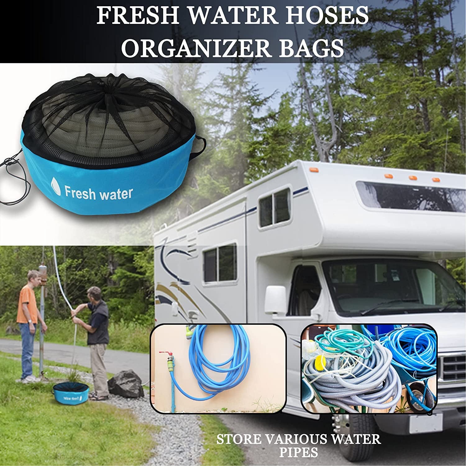 Skywee RV Hose Storage Bags, Camper Accessories, RV Equipment Storage Organizer Bags for Fresh/Black/Water Hoses andElectrical Cords with 3 Strips (3 Pack)