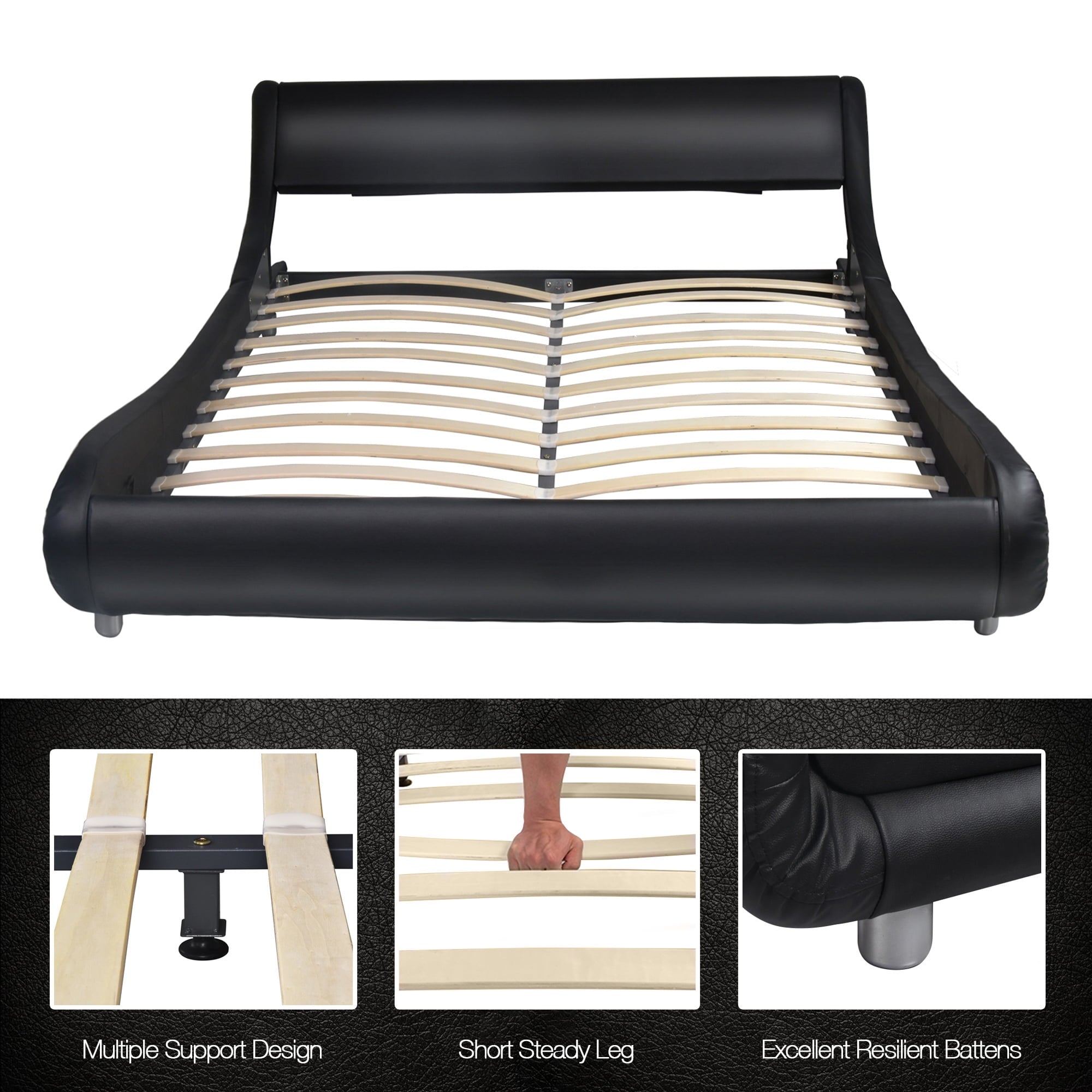 Amolife Queen Size Bed Frame with Curved Adjustable Headboard, Faux Leather Upholtered Platform Bed, Black