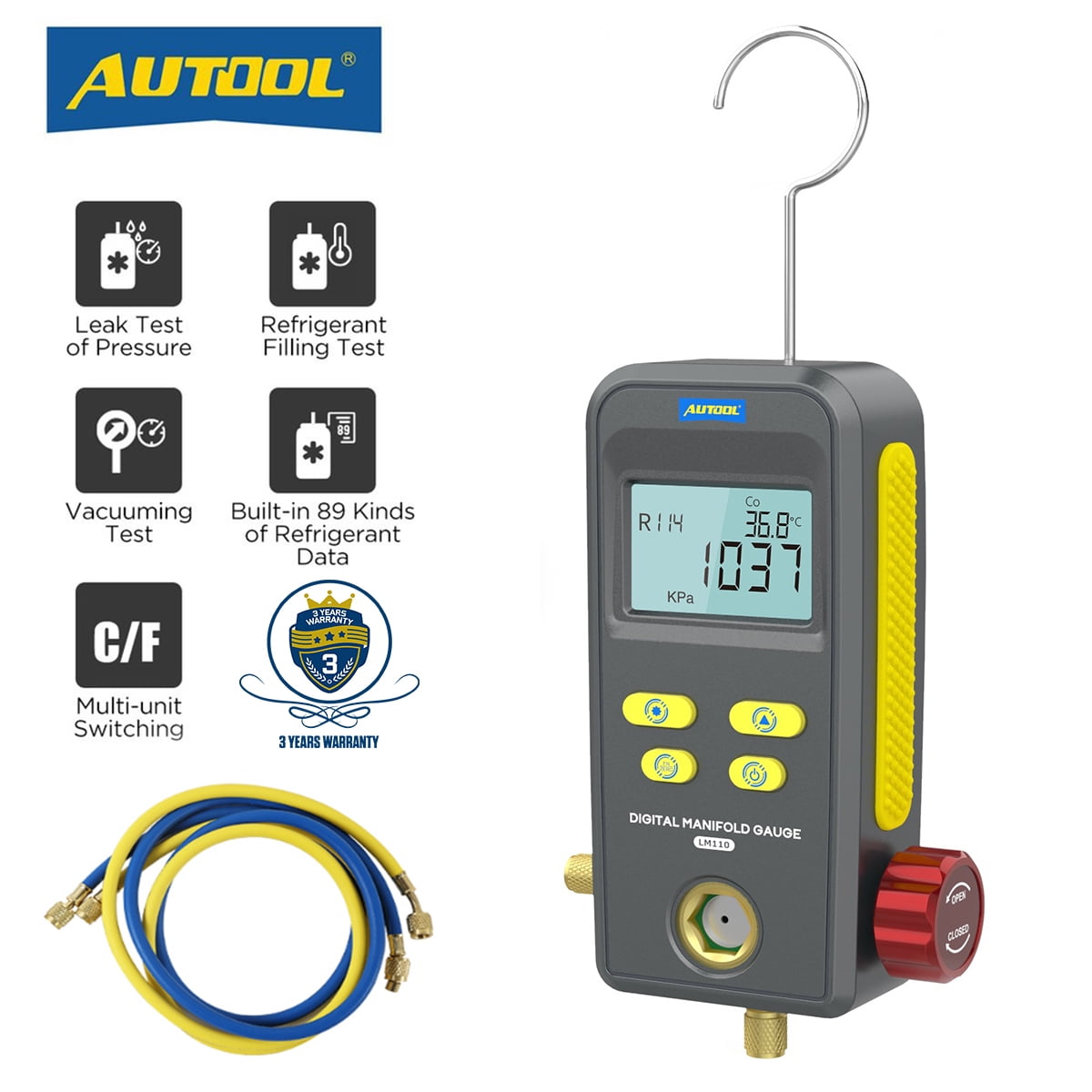 AUTOOL Refrigeration Digital HVAC Vacuum Pressure Manifold Tester, Pressure Gauge, Air-Conditioning HVAC Tools, r134a Refrigerant Recharge Kit, LM110
