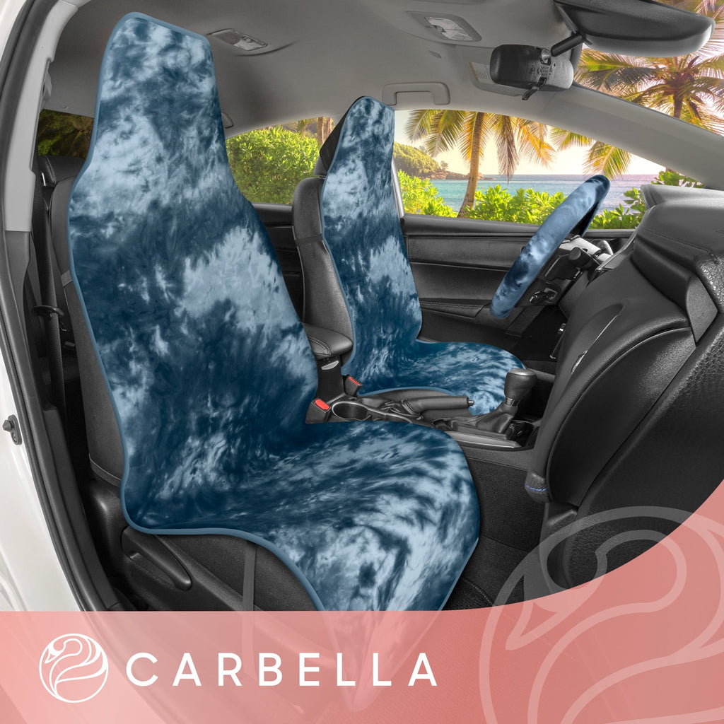 Carbella Tie-Dye Car Seat Covers, Blue Seat Covers for Cars with Matching Steering Wheel Cover, Cute Automotive Interior Covers for Trucks Van SUV