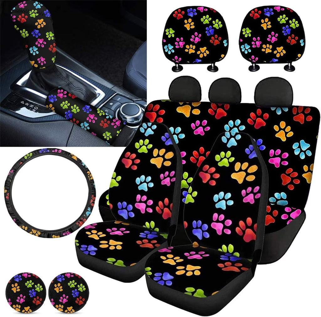 FKELYI Colorful Paw Car Seat Covers 11-in-1 Washable Automotive Car Seat Covers Accessories with Car Cup Coasters Gear Shift Cover&Handbrake Cover Steering Wheel Covers Car Headrest Cover