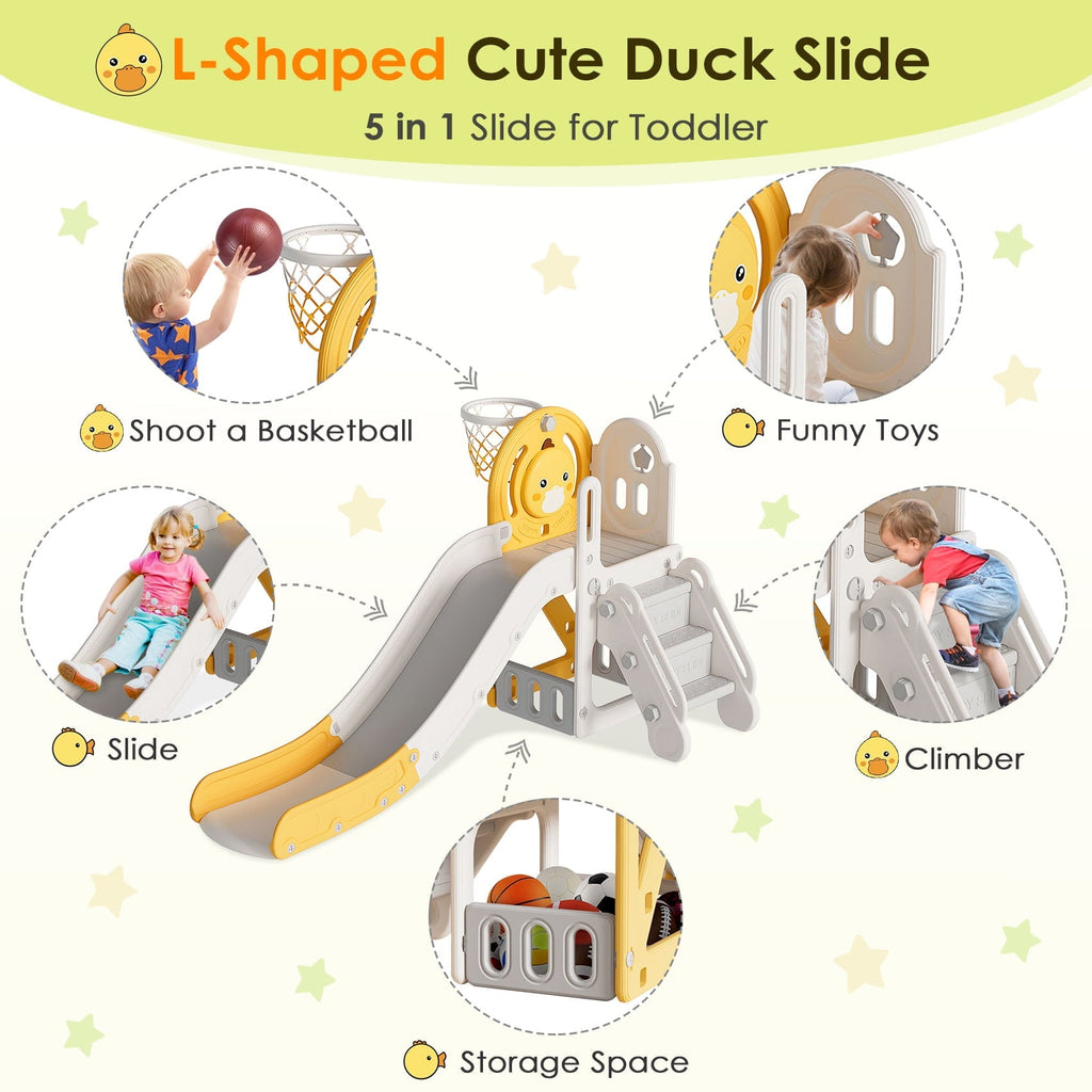 Suteck 5 in 1 Toddler Slide, Slide for Toddlers Age 1-3 with Basketball Hoop and Ball, Slide for Kids, Indoor Outdoor Backyard Playground Cute Duck Theme Baby Slide Toy Yellow