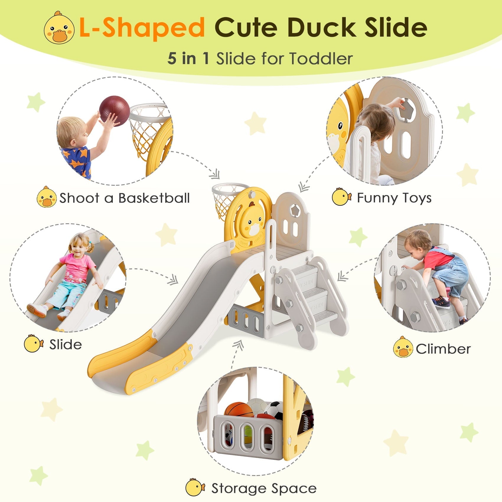 Suteck 5 in 1 Toddler Slide, Slide for Toddlers Age 1-3 with Basketball Hoop and Ball, Slide for Kids, Indoor Outdoor Backyard Playground Cute Duck Theme Baby Slide Toy Yellow