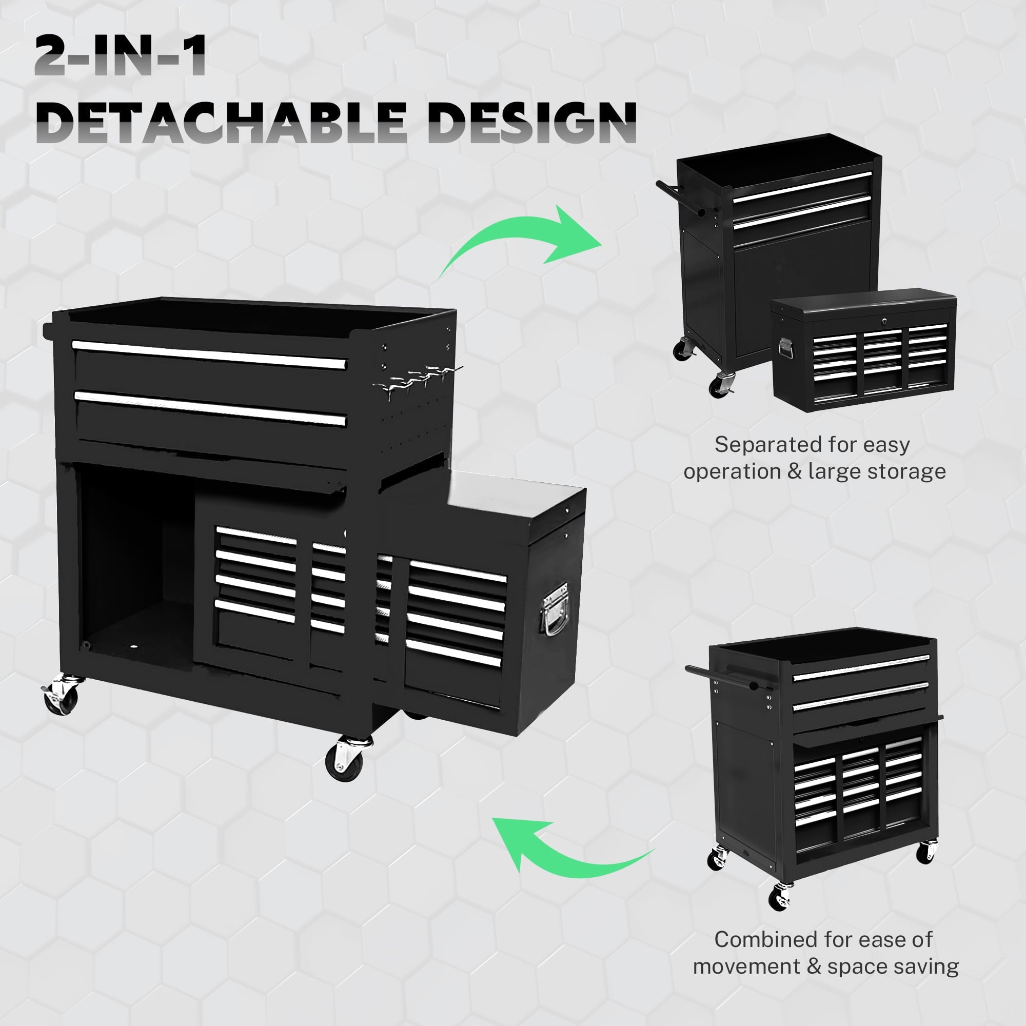 Seizeen 2-IN-1 Tool Chest & Cabinet, Large Capacity 8-Drawer Rolling Tool Box Organizer with Wheels Lockable, Black