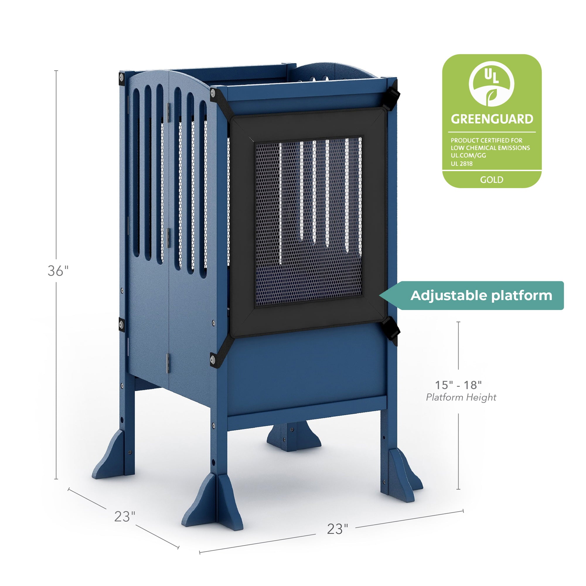 Guidecraft Contemporary Kitchen Helper® Stool - Royal Navy: Folding Toddler Safety Tower with 2 Keepers and Non-Slip Mat, Adjustable Height Step Stool for Little Helpers, Kids Learning Furniture