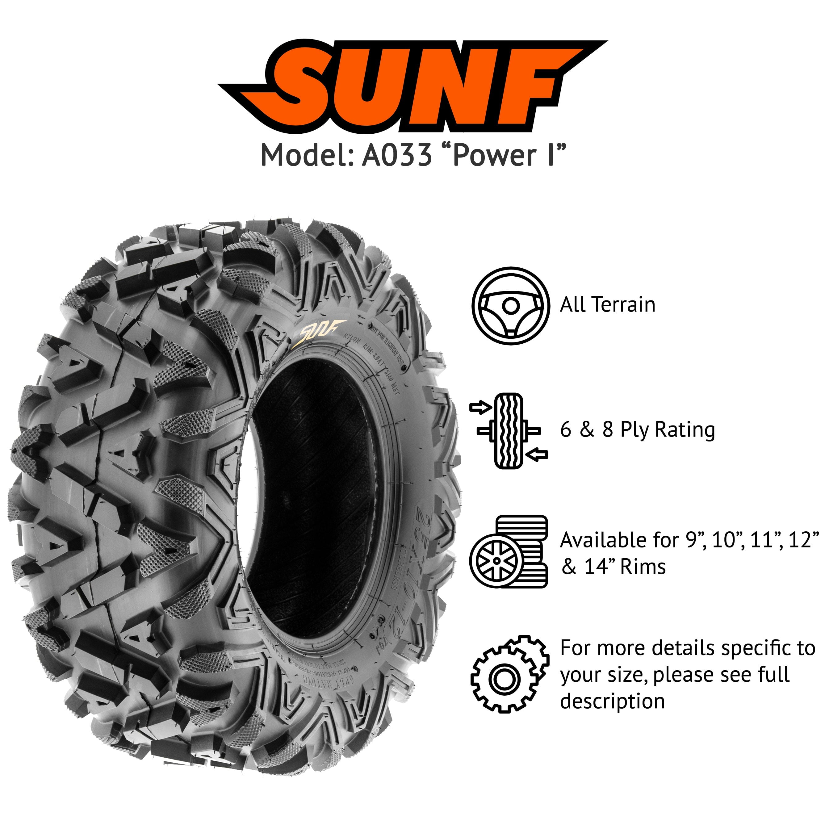 SunF All Terrain ATV UTV Tires 25x10-12 25x10x12 6 PR A033 (Pair of 2)