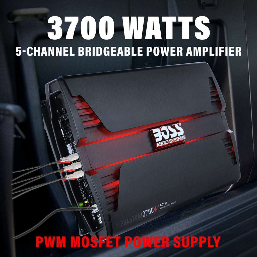 BOSS Audio Systems PV3700 5 Phantom Series Car Audio Amplifier – 3700 High Output, 5 Channel, 2/4 Ohm Stable, Low/High Level Inputs, High/Low Pass Crossover, Full Range, Bridgeable, Subwoofer