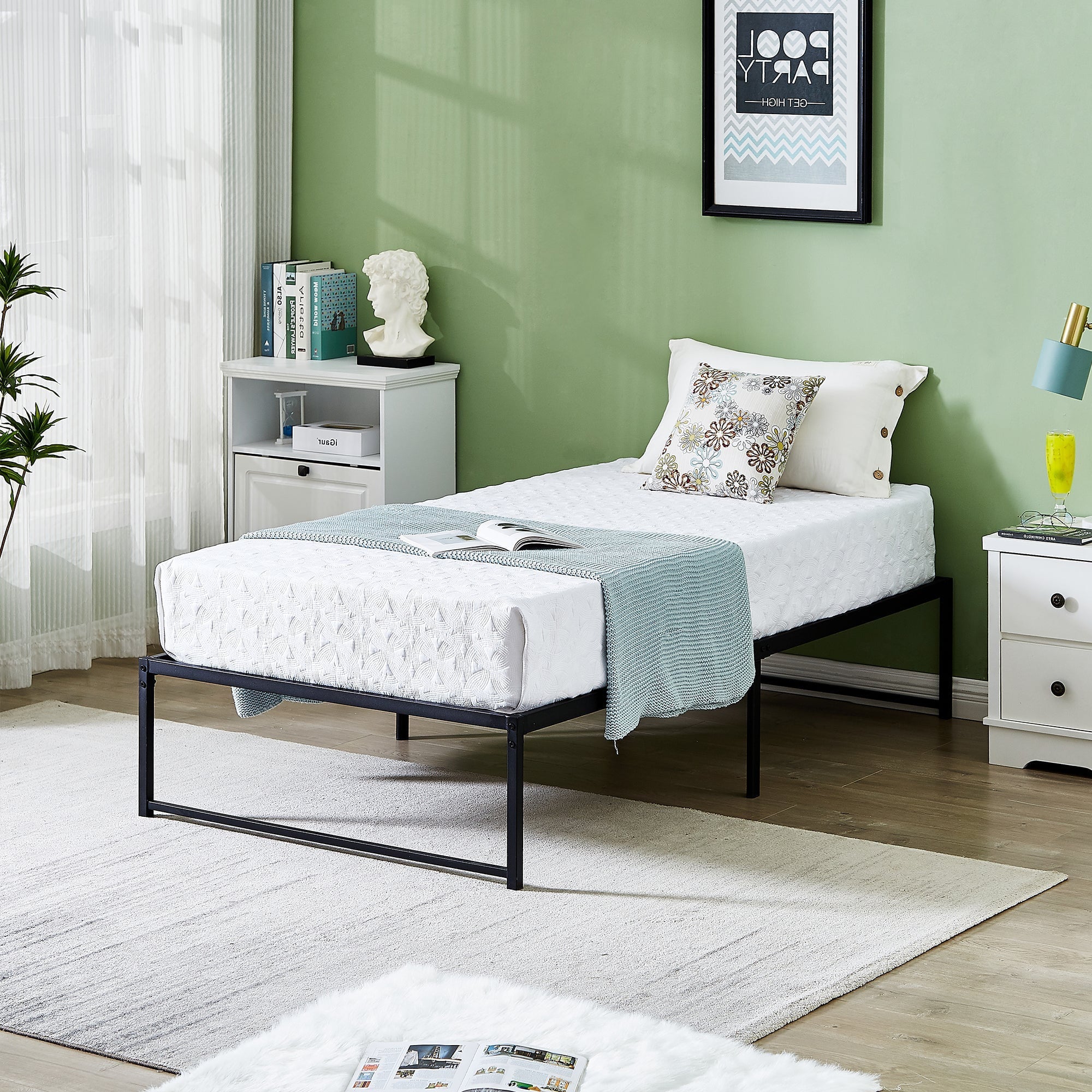 VECELO 14.2 Inch Twin Metal Platform Bed Frame, Heavy Duty Metal Bed with Under-bed Storage, No Box Spring Needed, Black