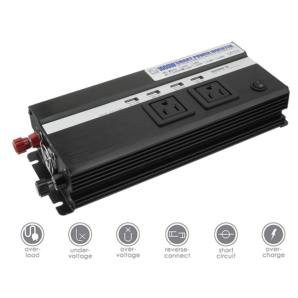 1000W Power Inverter 12V to 110VAC US Outlet 2.4A USB Port  Indicate Black