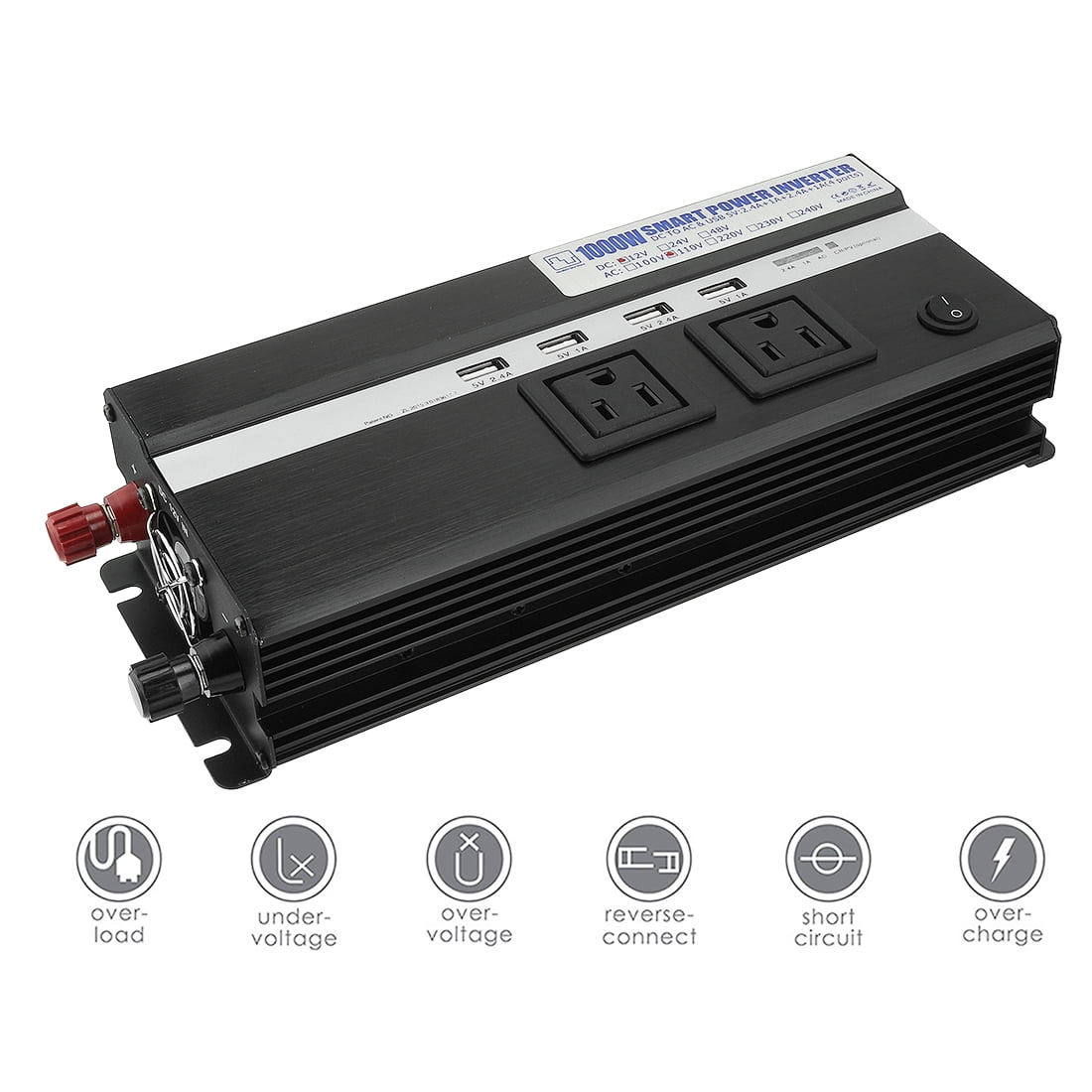 1000W Power Inverter 12V to 110VAC US Outlet 2.4A USB Port  Indicate Black