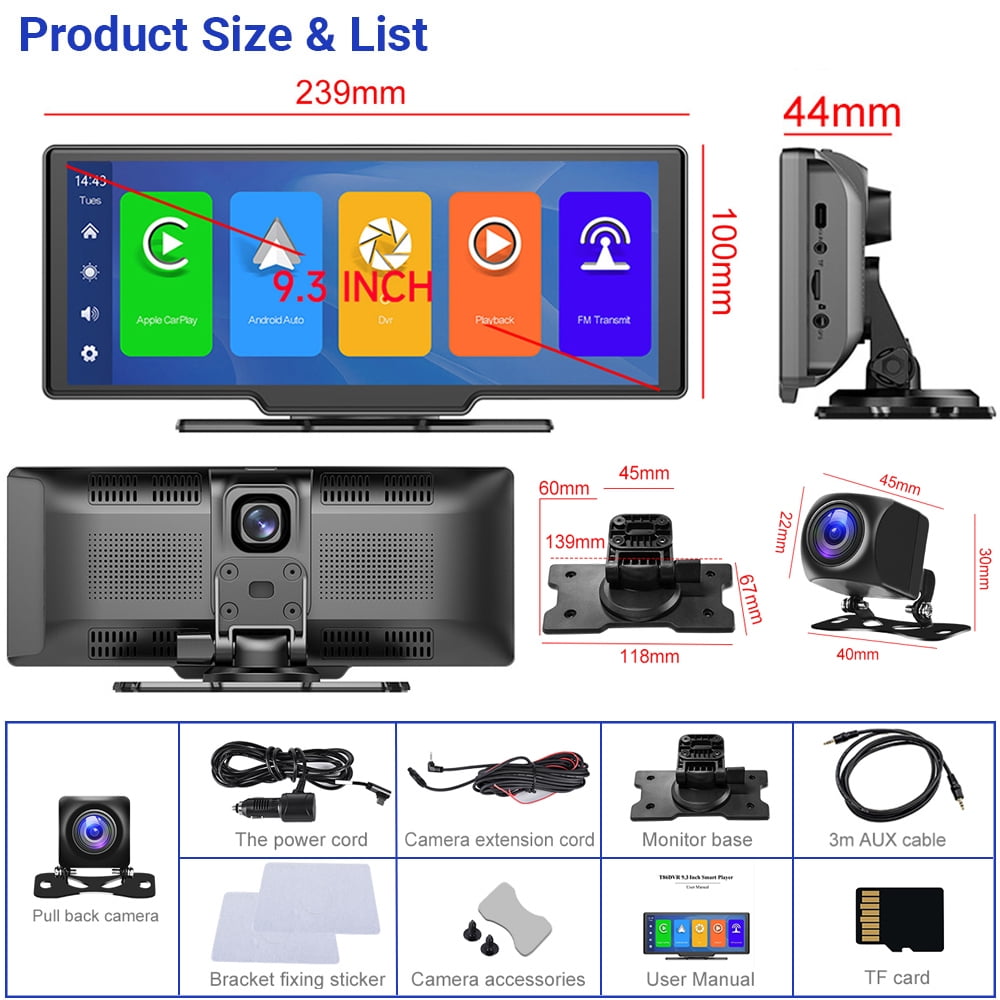Podofo 7-32V 9.3" Portable Car Stereo Radio Wireless Carplay Android Auto Dash Cam DVR Car MP5 Player, with 32G Card&Backup Camera
