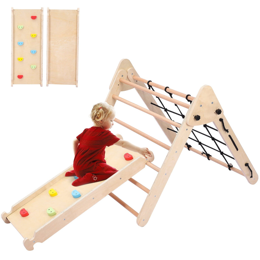 DSstyles Toddler Indoor Gym Playset, 2-in-1 Wooden Climbing Toys, Triangle Folding Climbing for Climbing & Sliding for Boys and Girls,18M+