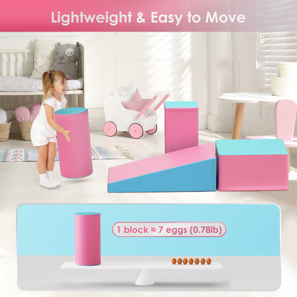 Climb and Crawl Activity Play Set, Soft Foam Climber 5-Piece Sets Crawl and Climb Foam, Toddler Climbing Toys Indoor with Slide Stairs and Ramp Indoor Climbing Toys for Kids and Child(Light Blue&Pink)
