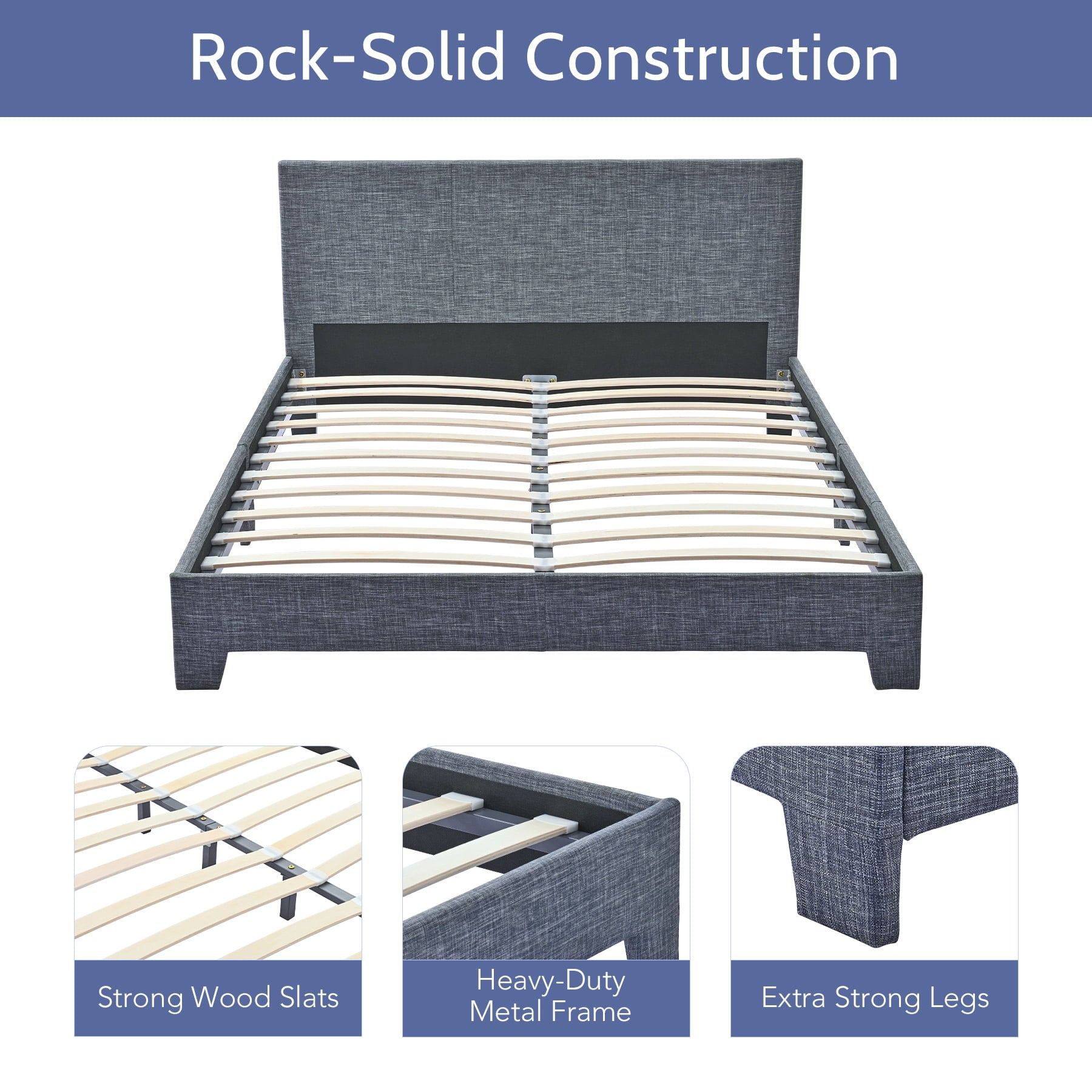 Bestco Sturdy Full Bed Platform with Headboard Steel Frame Wood Slats 635lb Cap, Gray