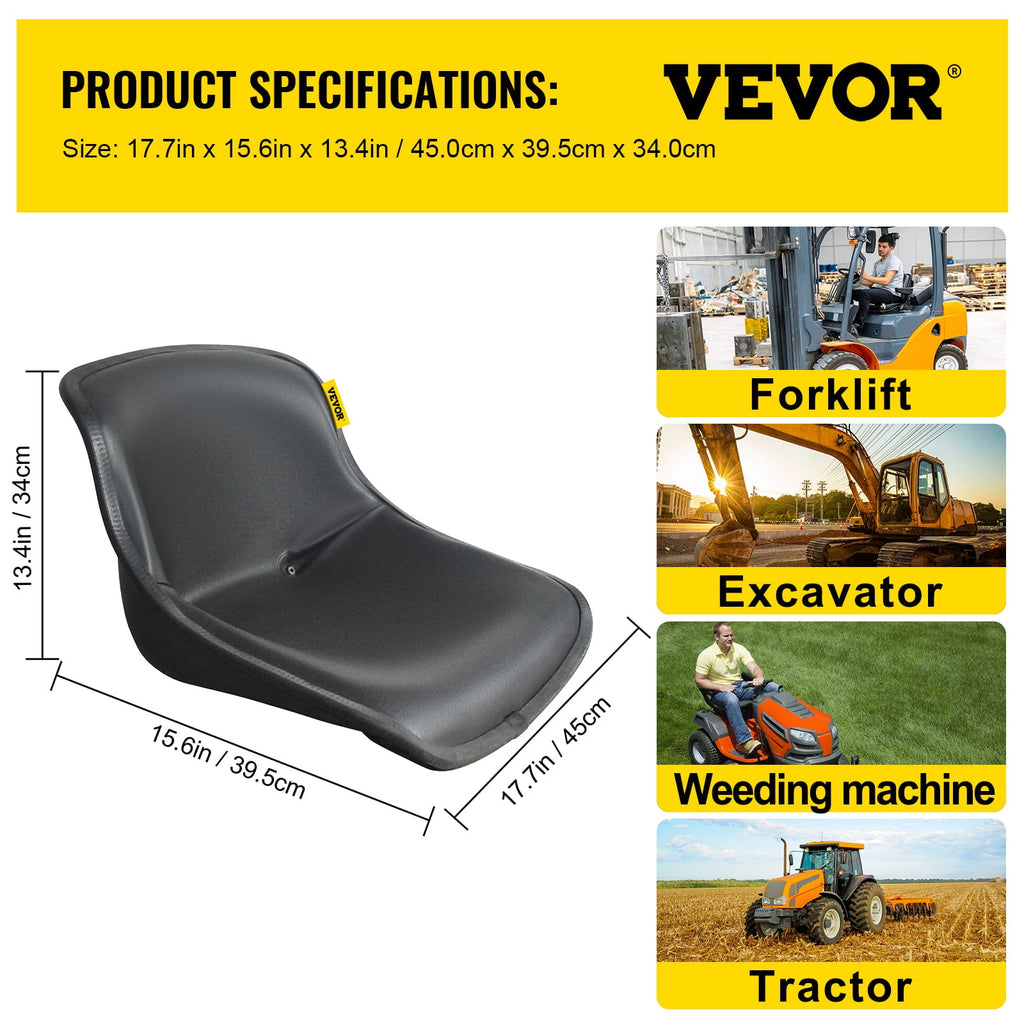 VEVOR Universal Tractor Seat, Compact High Back, Black PVC Lawn and Garden Mower Seat Replacement, Two Drain Holes Steel Frame Forklift Seat, Compatible with Forklift, Excavator, Mower