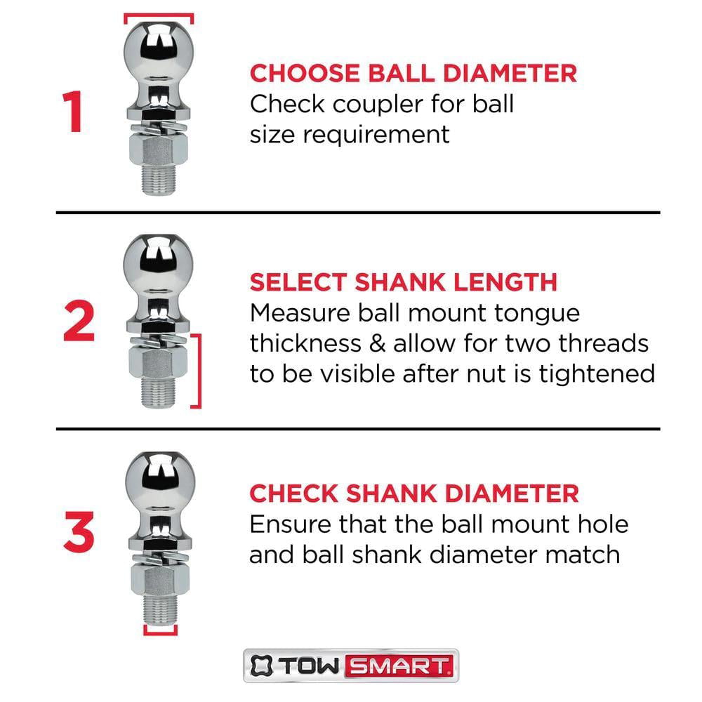 TowSmart Trailer Hitch Ball, Class IV, 2-5/16in Ball, 1-1/4in x 2-1/2in Shank, 12000lb, 724, Chrome, 1 Each
