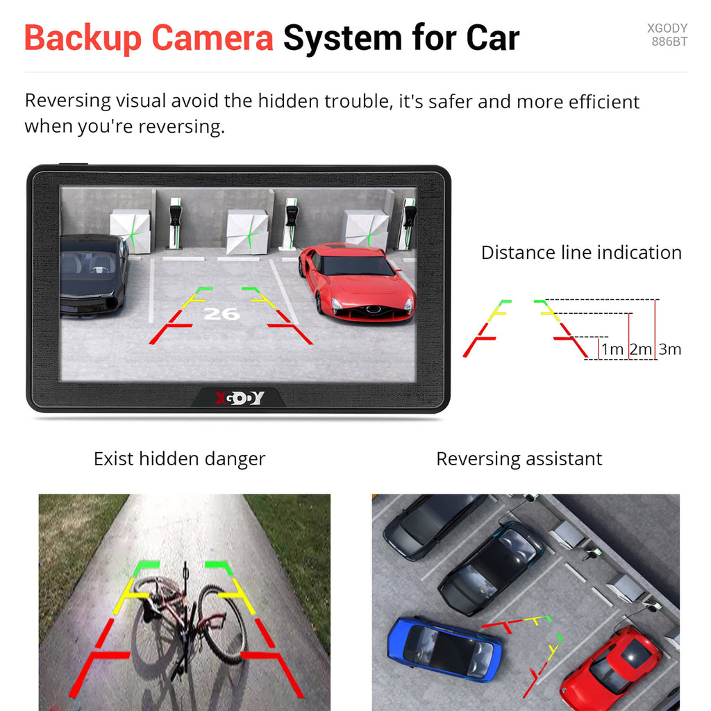 XGODY GPS Navigation Backup Camera 7"Touch Screen 8G 256M Car GPS Navigator with Bluetooth Parking Lane,Voice Guidance,Speed Camera Warning,Route Planning