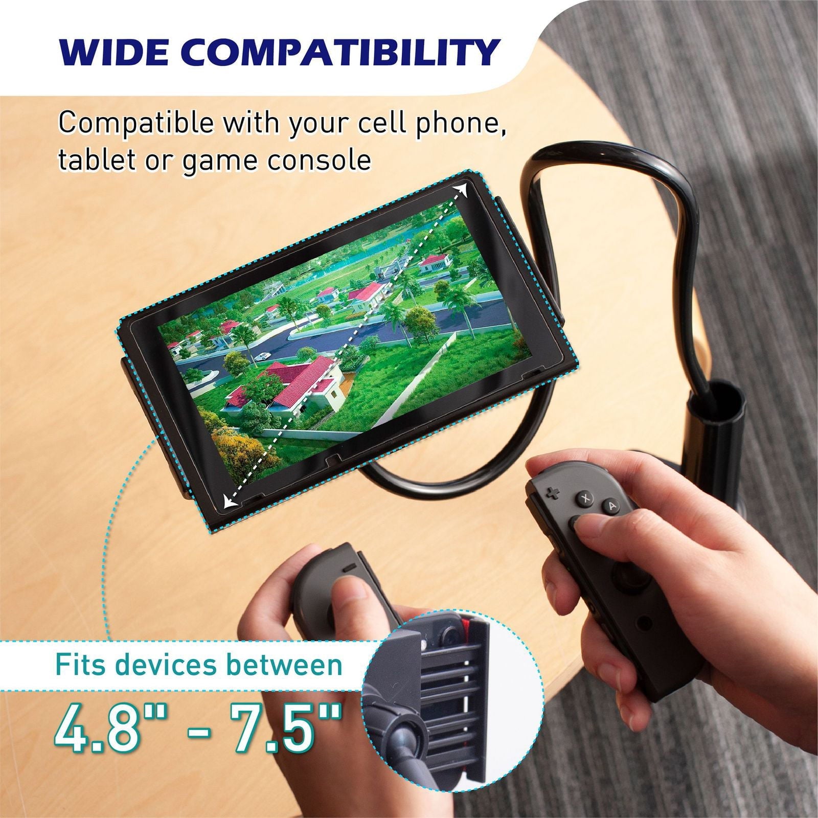 Gooseneck Phone Clip Mount Holder Clamp Stand for Bed Desk Adjustable Flexible Compatible with Android iPhone iPad, Width Up to 7.5", Black