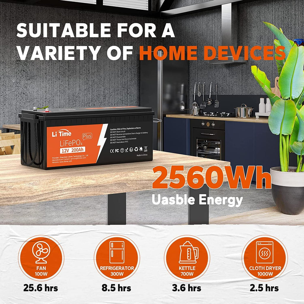 LiTime 12V 200Ah PLUS Lithium LiFePO4 Battery, Max 2560W Power Output, 10-Year Lifetime, 200A BMS LiFePO4 Battery for RV, Solar, Off-Grid, Marine