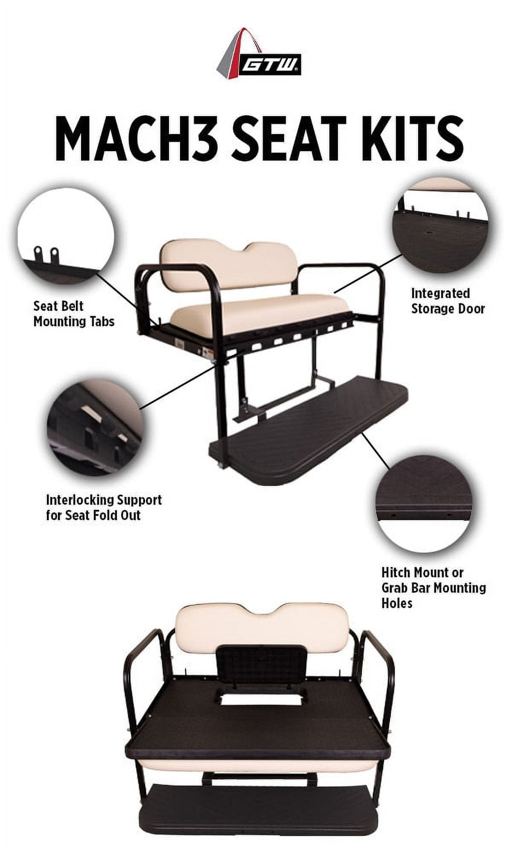 GTW MACH3 Rear Flip Seat for Club Car DS 2000.5 & Up Golf Carts - Buff Color Cushions