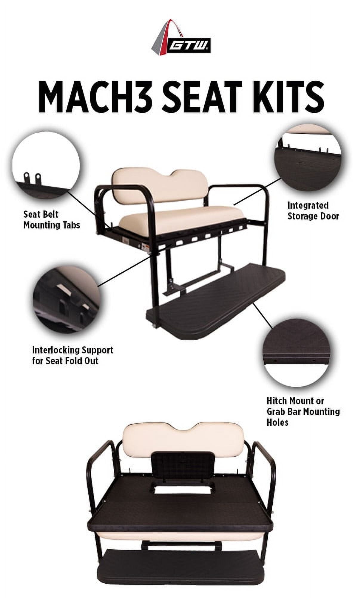 GTW MACH3 Rear Flip Seat for Club Car DS 2000.5 & Up Golf Carts - Buff Color Cushions
