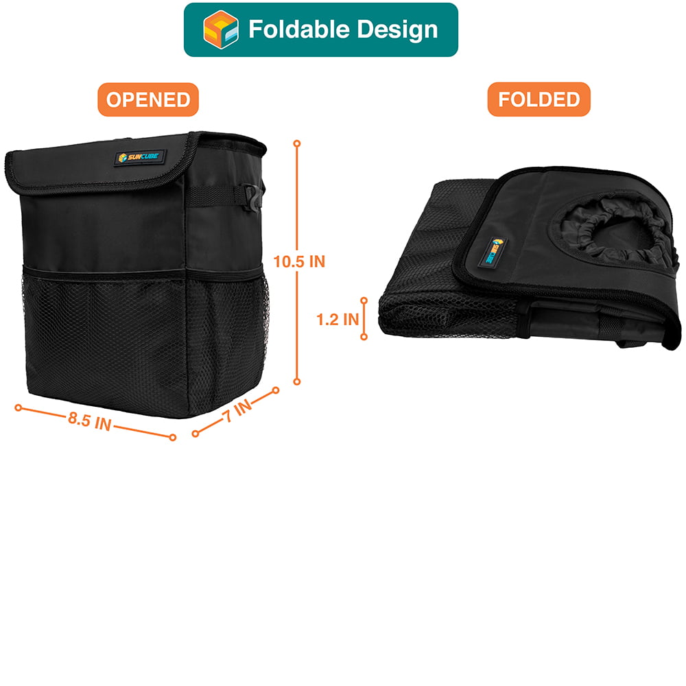 SUN CUBE WATERPROOF Car Trash Can with Lid, Mesh Pockets | Leakproof Car Garbage Can Hanging | Auto Trash Bin, Garbage Bag Organizer for Headrest, Console, Truck (Black)