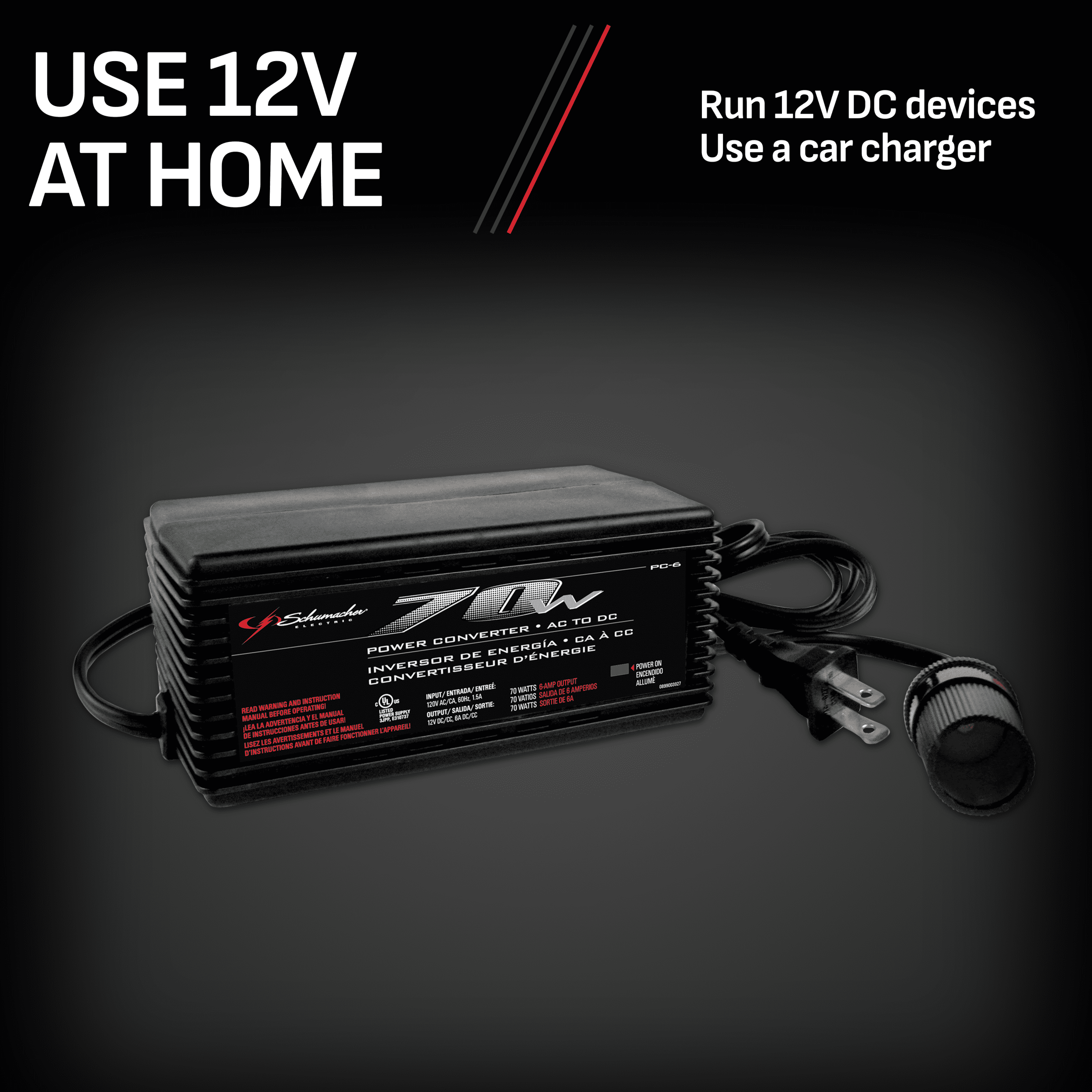 Schumacher 70 Continuous Watt/140 Peak Watt AC-to-DC Power Inverter with 12-Volt DC Port, LED Indicator