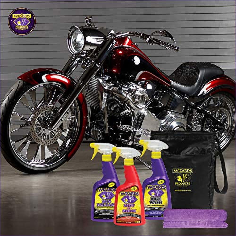 Wizards Motorcycle Cleaning Kit - Cleaner, Quick Detailer, and Bug Remover with Fiber Cloth and Detailing Bag - Stain Remover for Motorcycles - Portable Motorcycle Accessories and Cleaning Kits