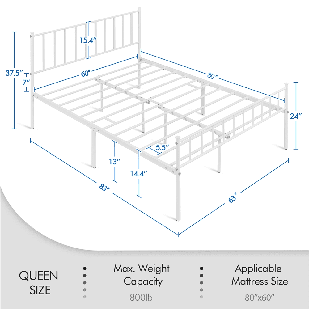 Easyfashion Justin Metal Platform Bed with Spindle Headboard and Footboard, Queen Size, White