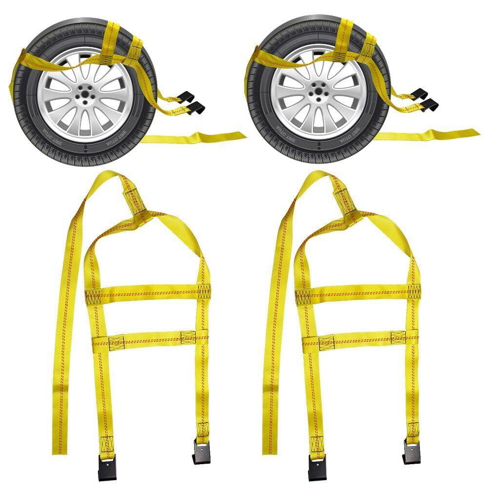 Carbole 2Pcs Car Tire Basket Straps, Adjustable Tire Tow Straps Wheel Net Tow Dolly with Flat Hook, Yellow