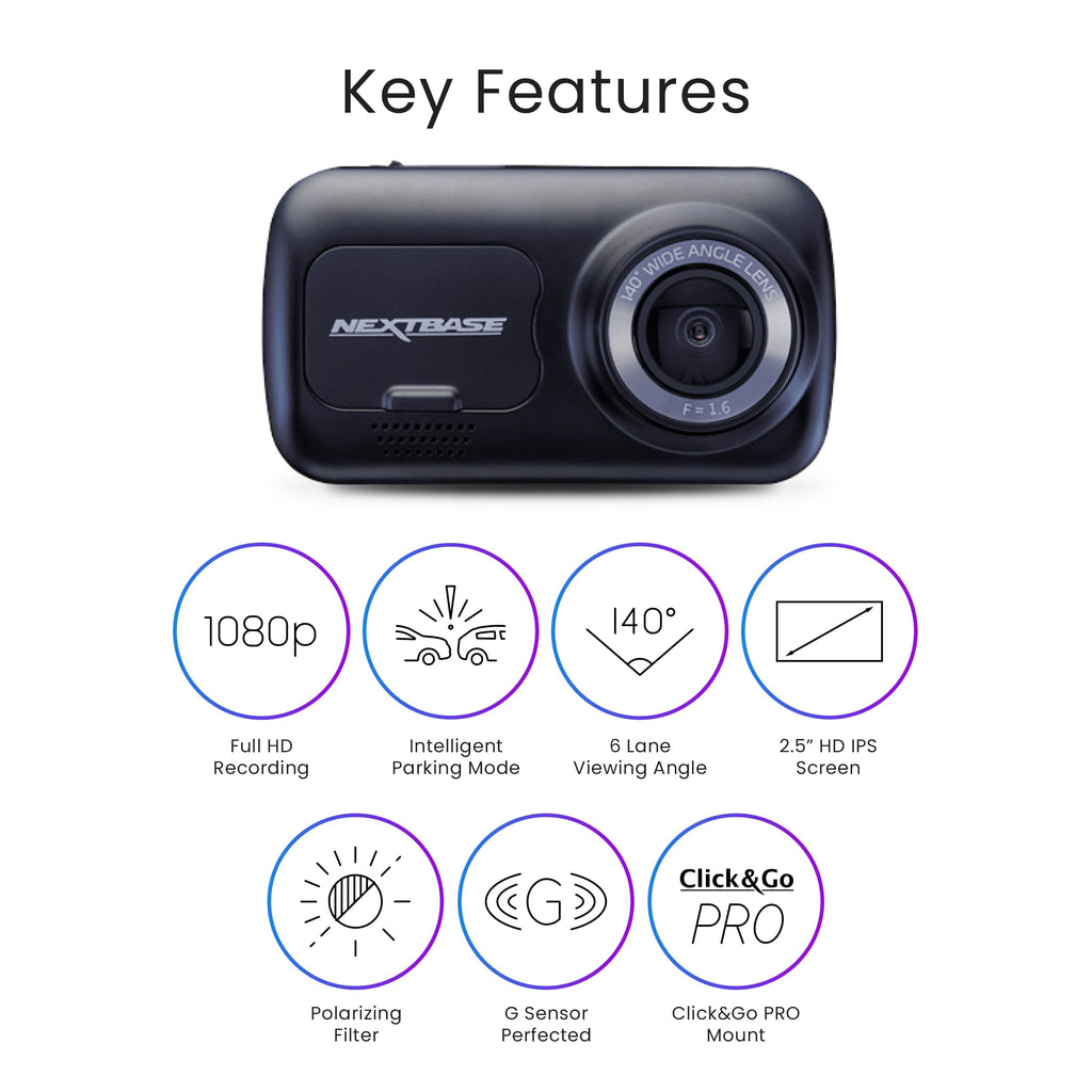 Nextbase 222 Compact Dash Cam in Black 2.5" HD IPS Screen, 1080p Full HD, Intelligent Parking Mode, G Force Sensor, 0.17lbs Assembled.