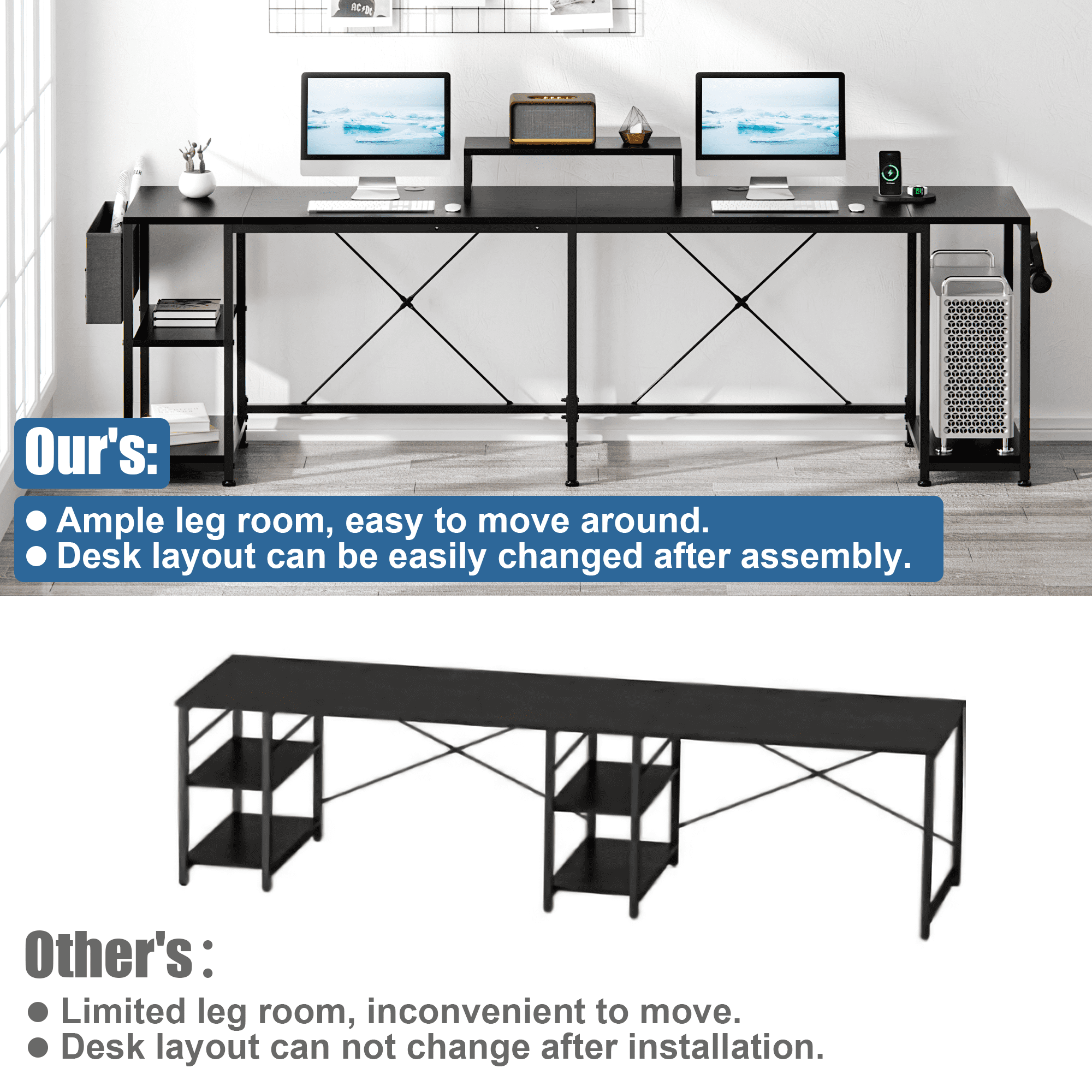 Lulive L-Shaped Computer Desk, 95" Reversible Computer Desk Office Desk with 3 Shelves/Monitor Stand/ Storage Bag/Hooks for Home Office, Black